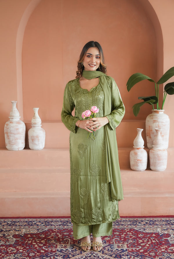 Gulnaar chinon satin chikankari Kurti in green