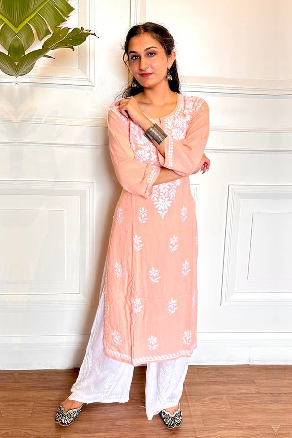 Premium rayon chikankari kurti in Peach