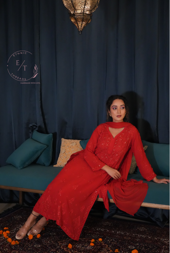 Gulnaaz Chikankari and mukaish kurti in red