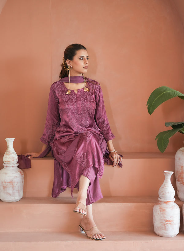 Gulnaar chinon satin chikankari Kurti in wine