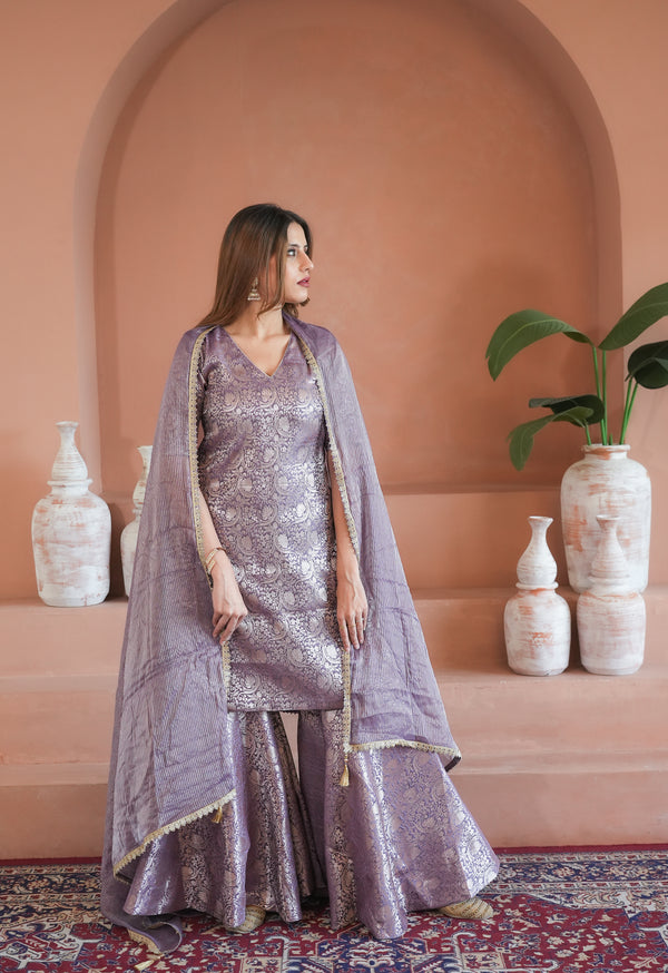 Leela banarasi silk 3 pc garara set in purple