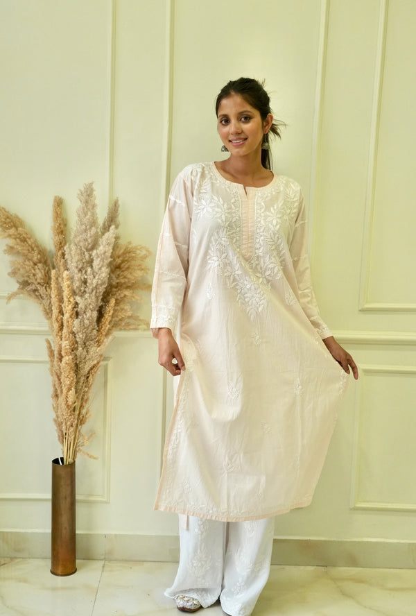 Pakizah Chikankari cotton kurti in Peach