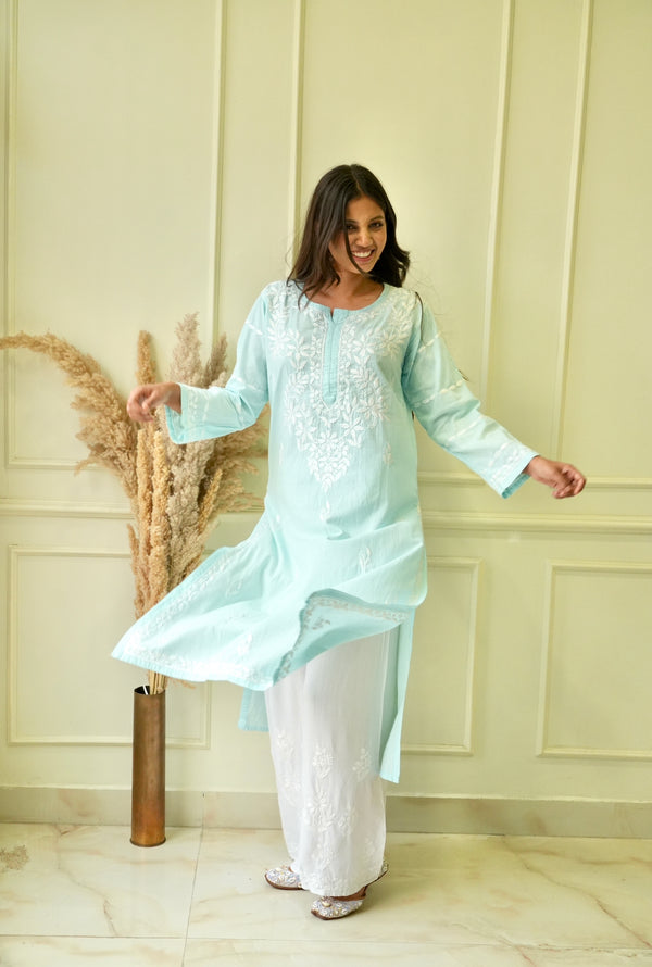 Pakizah Chikankari cotton kurti in Sea green