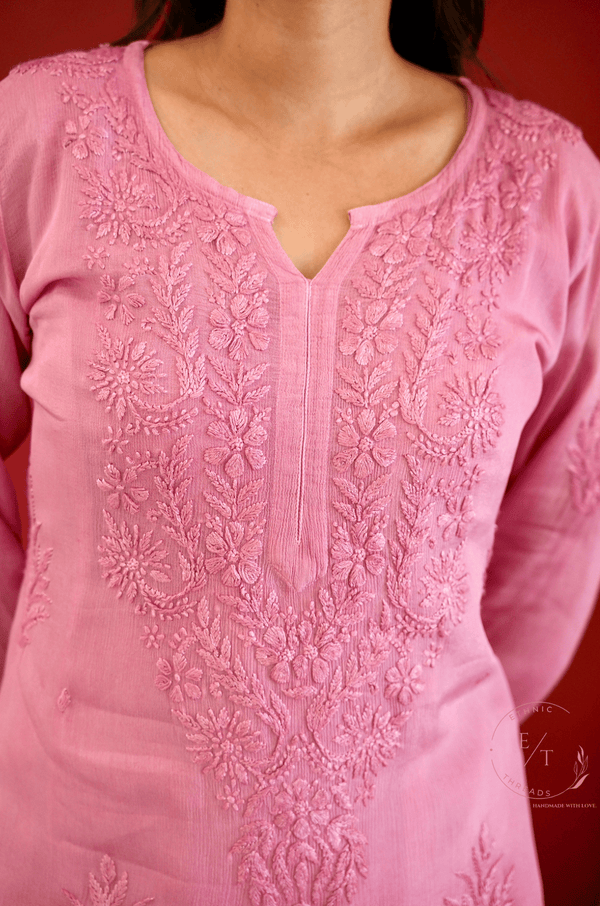 Gulmohar chinon chikankari Kurti in Pink