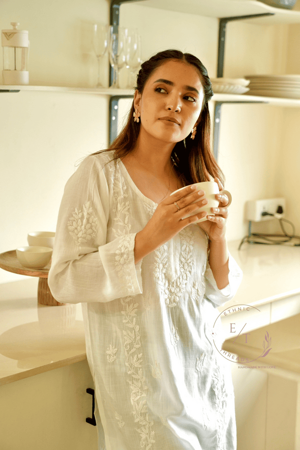 Ira chikankari linen top in White