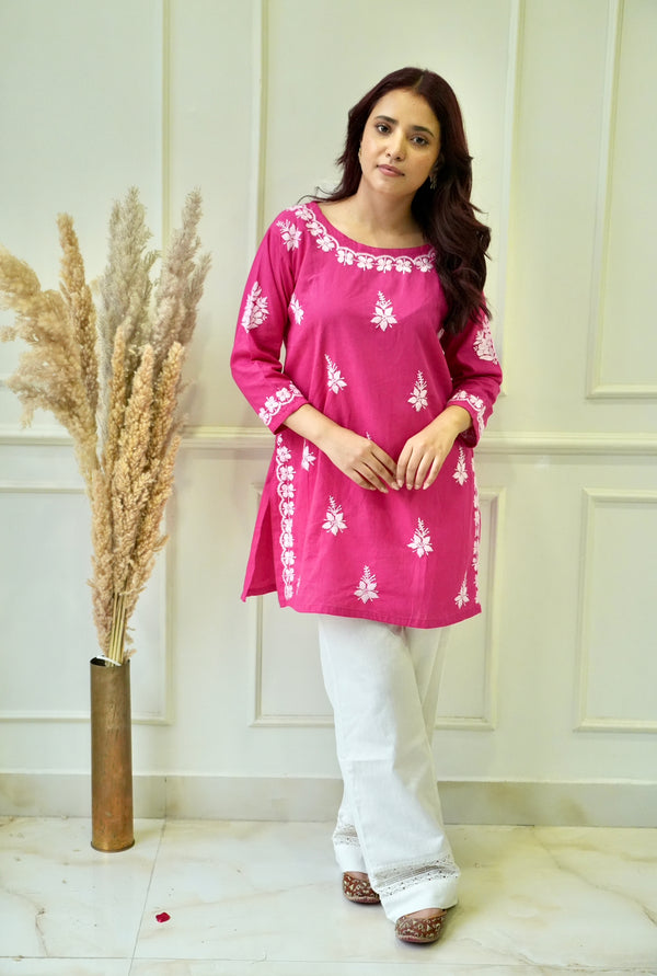 Bela chikankari top in Hot pink