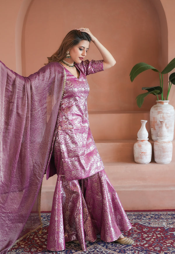 Leela banarasi silk 3 pc garara set in pink
