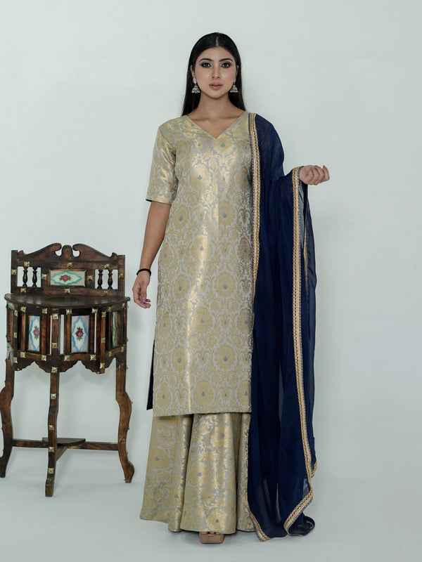 Meera banarasi silk 3 pc garara set in Grey