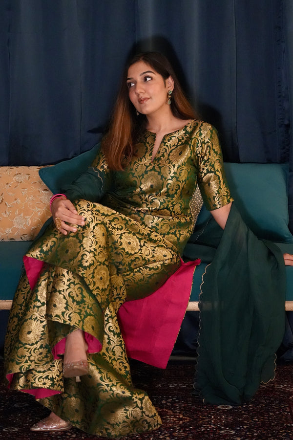 Meera banarasi silk 3 pc garara set in Dark Green