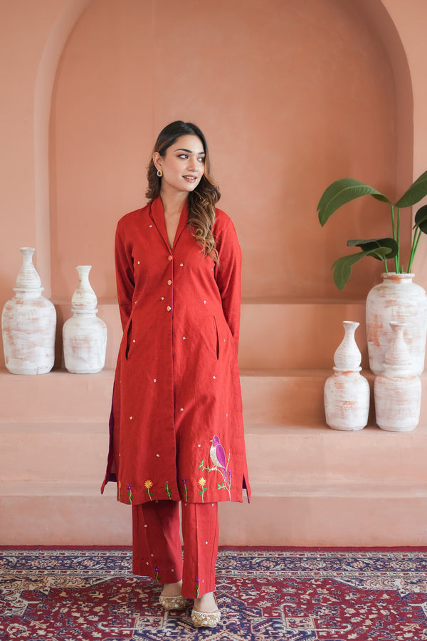 Bulbul handwork co-ord set in Red