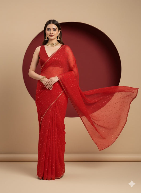Mukaish work pure georgette saree in red