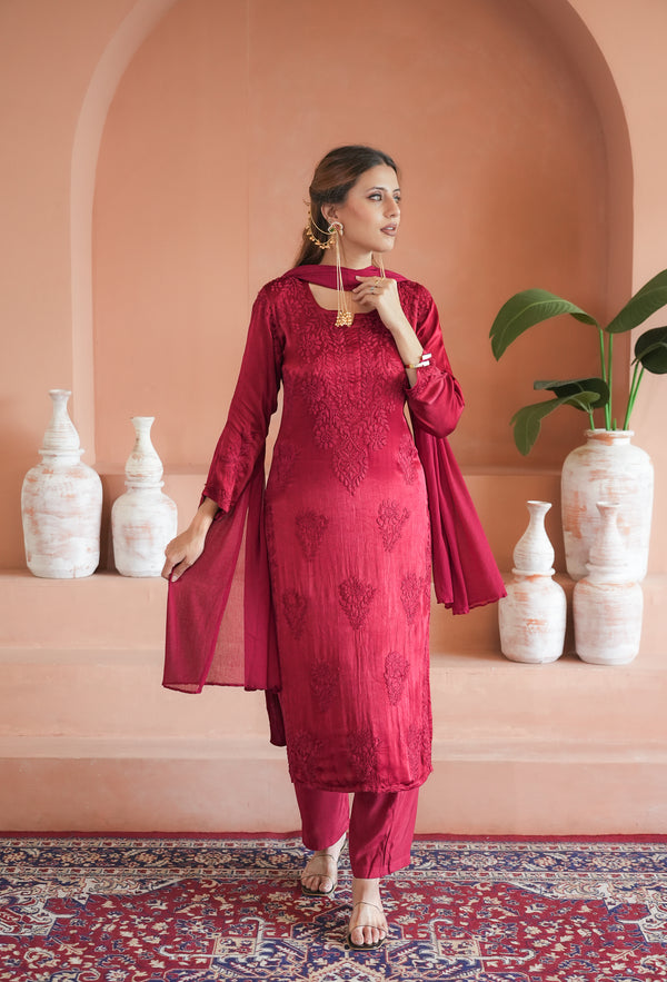 Gulnaar chinon satin chikankari Kurti in maroon
