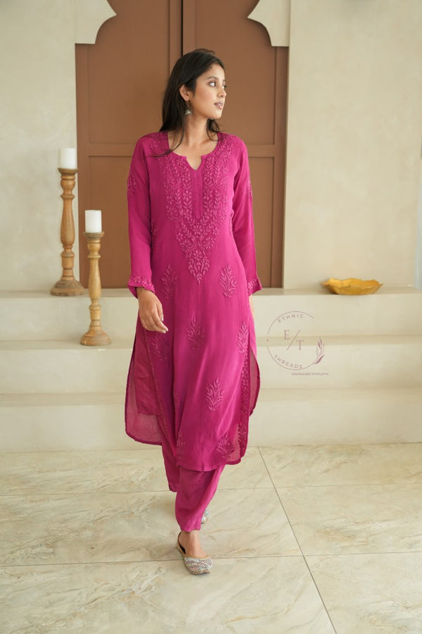 Gulmohar chinon chikankari 3 pc set in Magenta