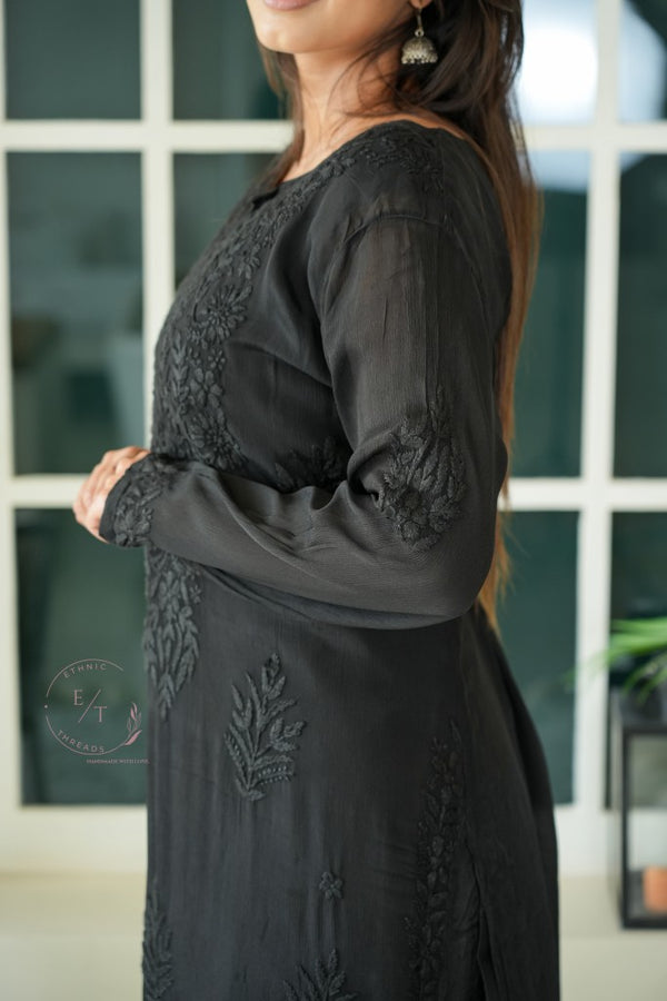 Gulmohar chinon chikankari Kurti in Black