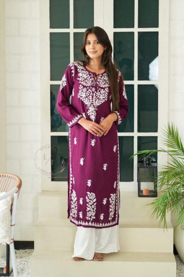 Gul dori chikankari modal kurti in Wine