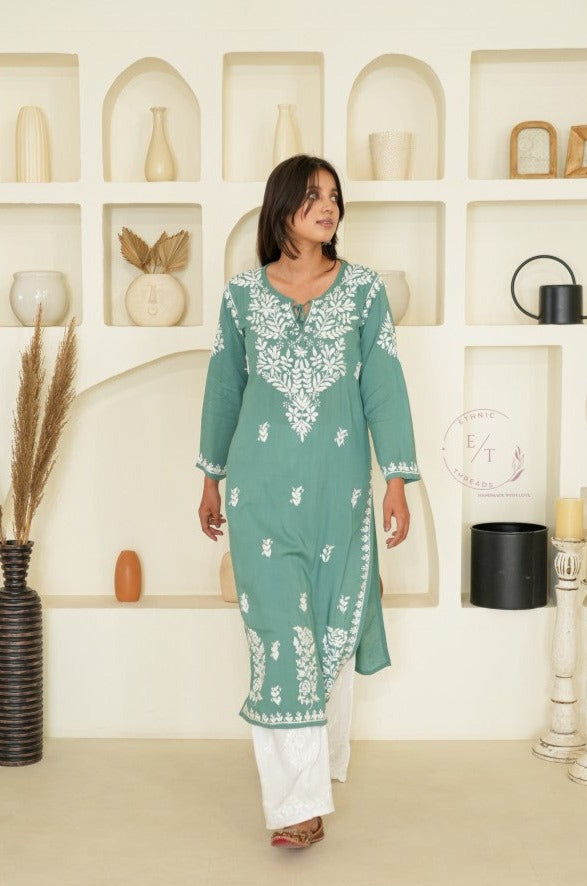 Gul dori chikankari modal kurti in Green