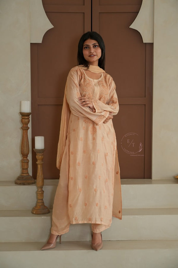 Hayat Chikankari muslin silk 3 pc set in Beige