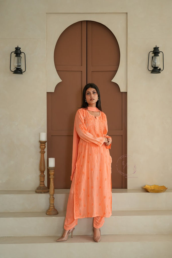 Hayat Chikankari muslin silk Kurti in Orange