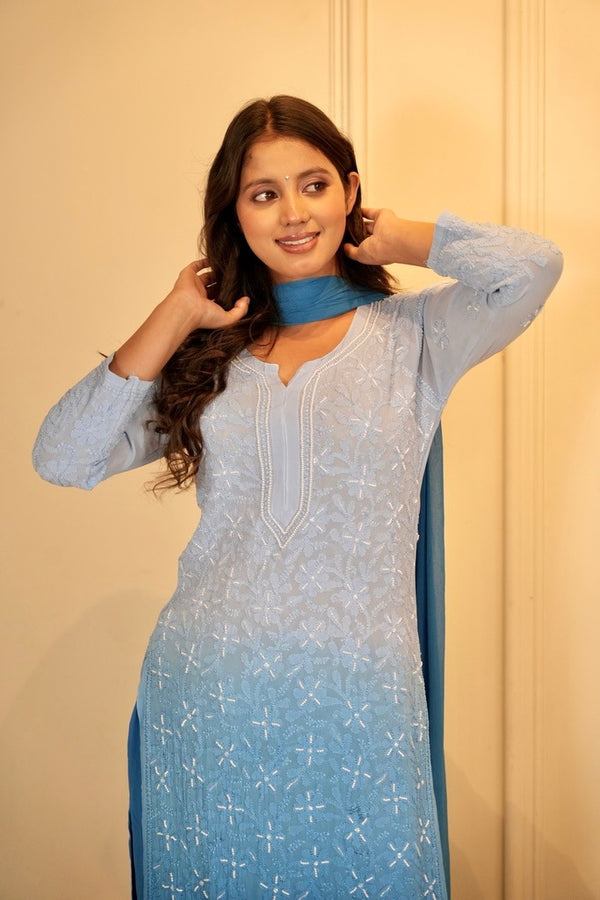 Sia chikankari and pearl work kurti in blue ombre'