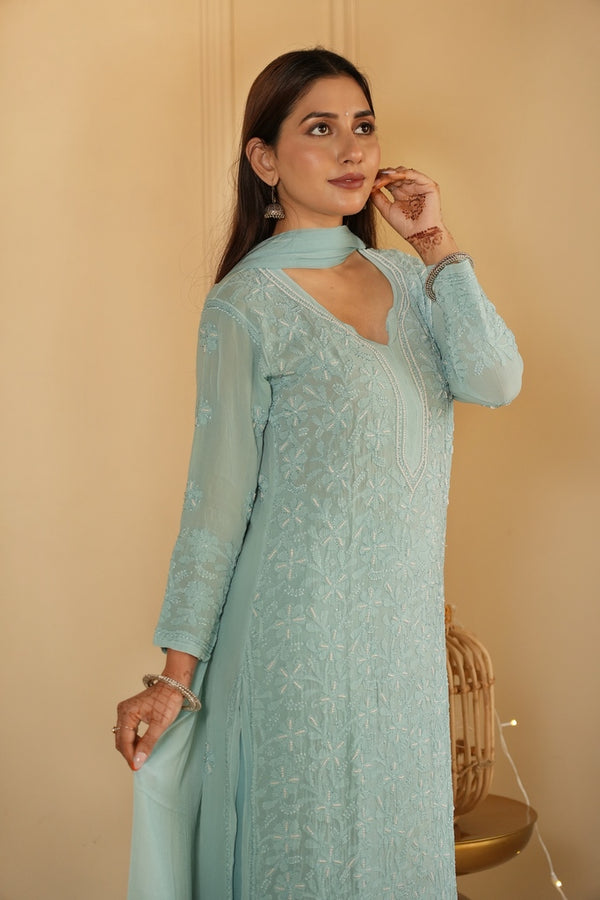 Sia chikankari and pearl set in Sea green