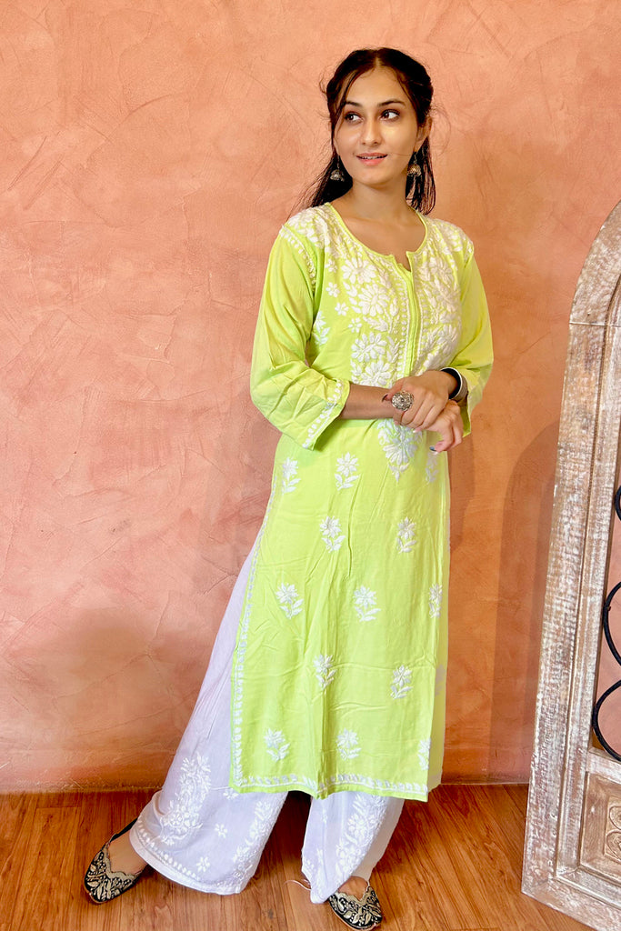 Premium rayon chikankari kurti in Neon green – Ethnic Threads