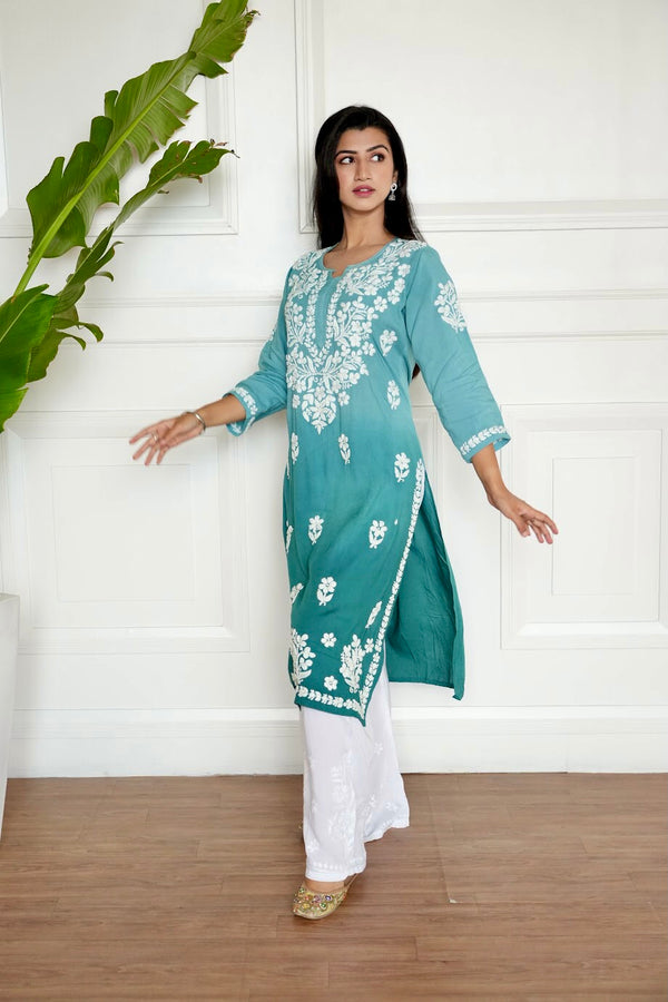 Gul modal Chikankari kurti in Green Ombre'