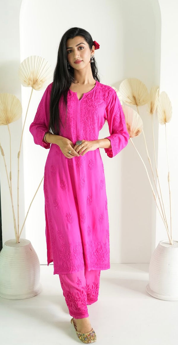 Gulbahar Chikanakri set in hot pink