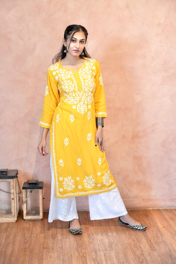 Gul modal Chikankari kurti in Yellow