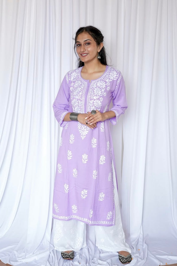 Premium rayon chikankari kurti in Lavender