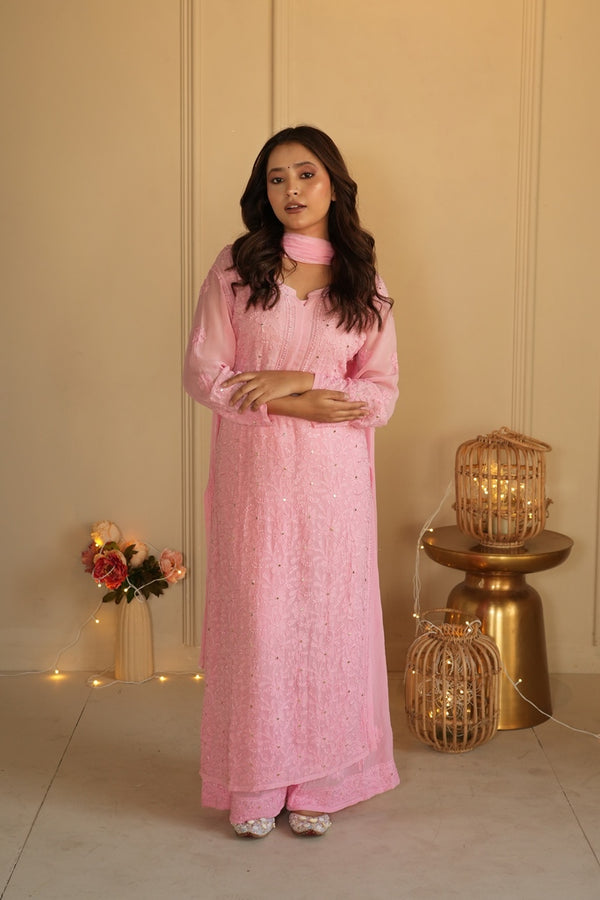 Noor Chikankari and mukaish work set in Pink