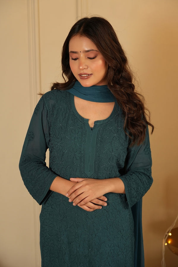 Hoor chikankari kurti in teal blue