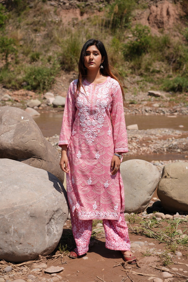 Shiza Printed chikankari kurti and plazzo set in Pink