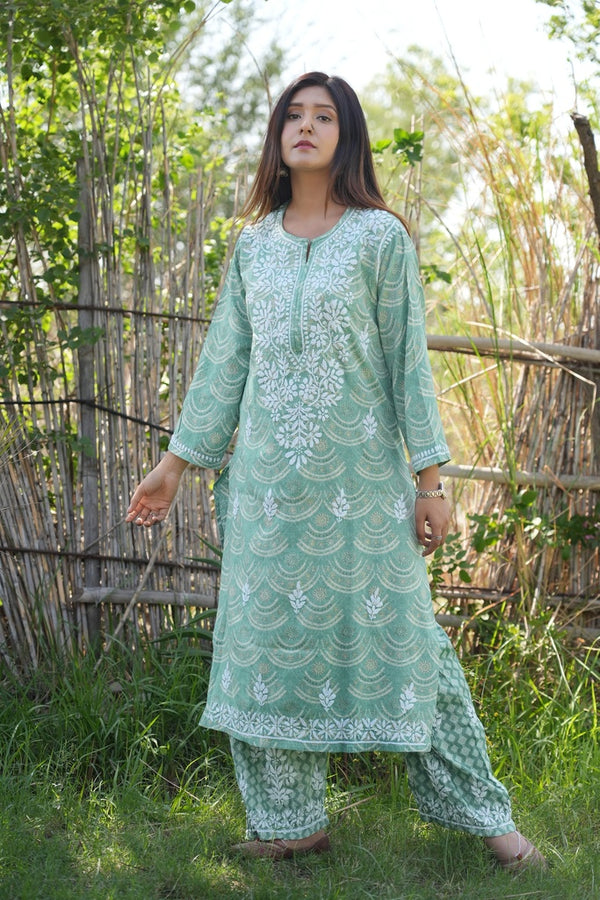 Shiza Printed chikankari kurti and plazzo set in Sea Green