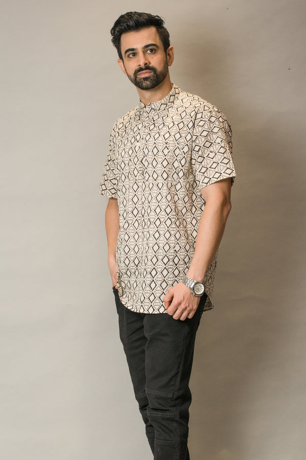 Hand block print men short kurta