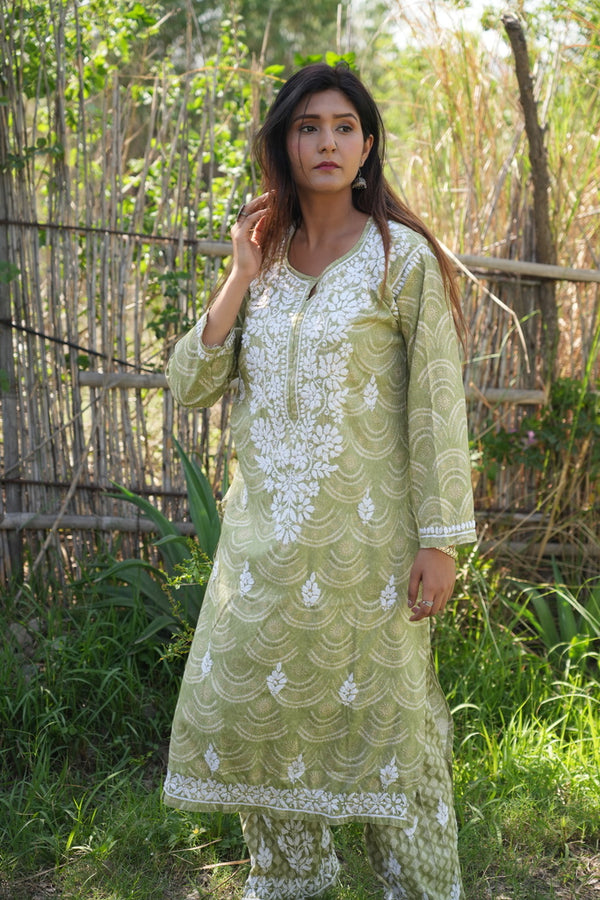 Shiza Printed chikankari kurti and plazzo set in Green