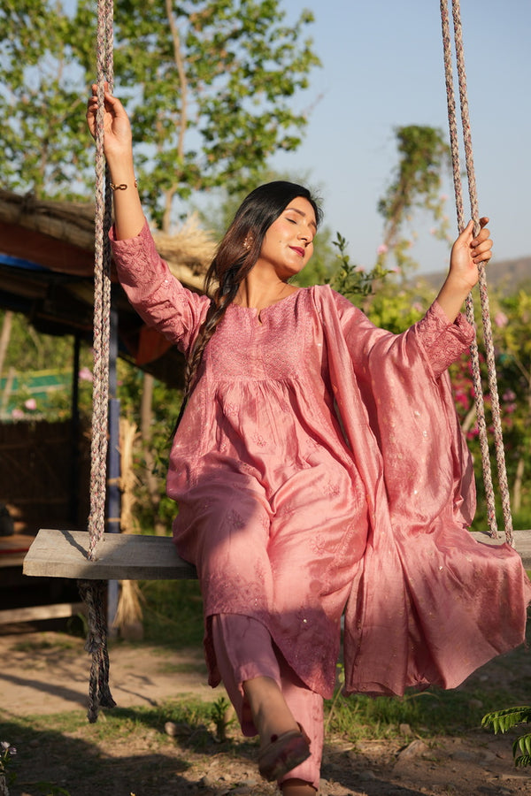 Aiyra Chikankari and mukaish frock set in Mauve