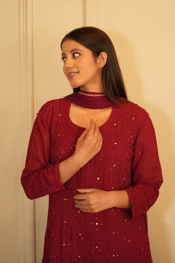 Noor chikankari and mukaish work kurti in Maroon